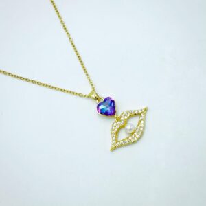 Gold-Plated Stainless Steel Heart & Lip Necklace – Sparkling Charm with Pearl Accent