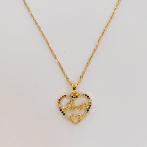 Gold-Plated Stainless Steel “Love” Heart Necklace – Multi-Color Crystal Accents