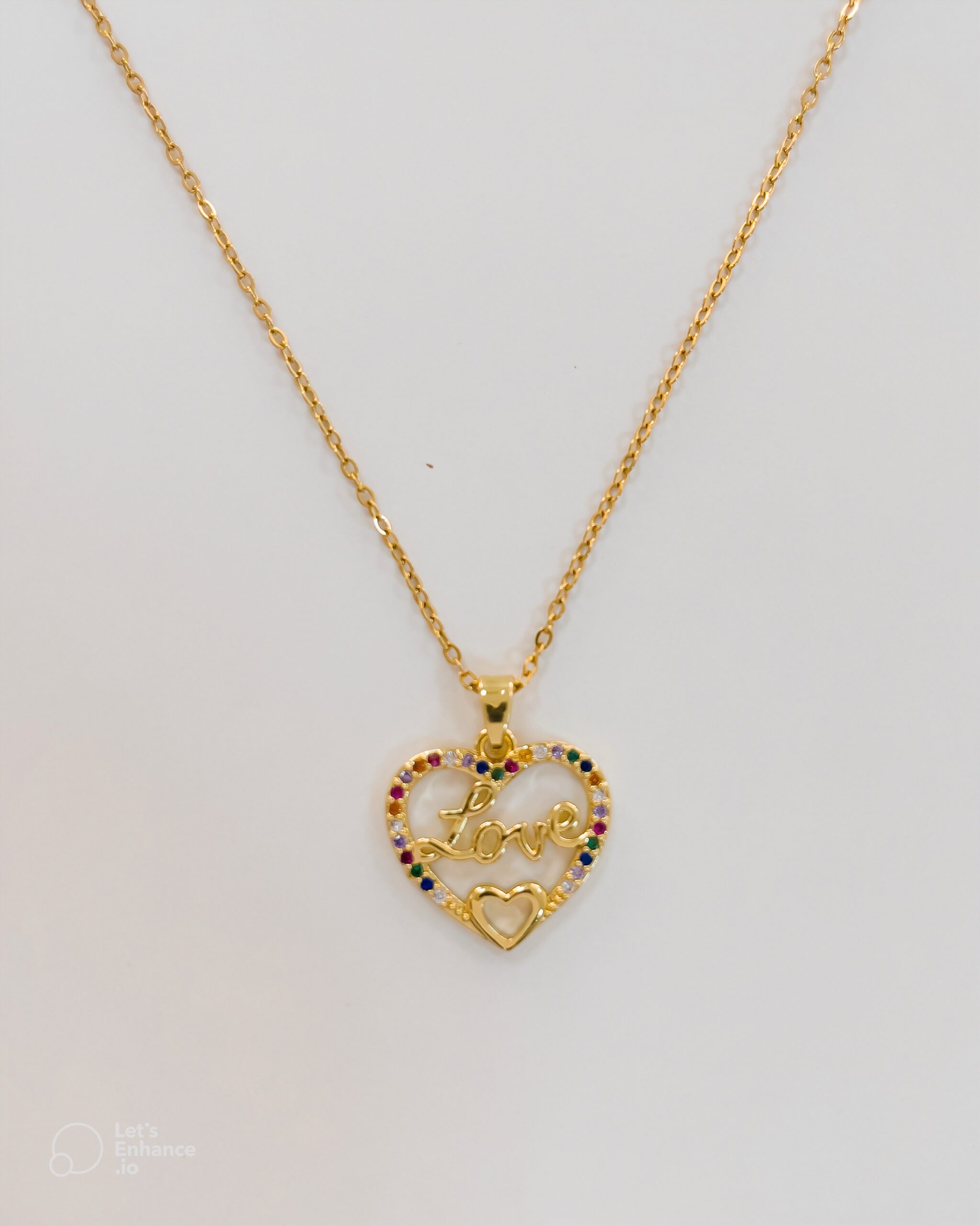 Gold-Plated Stainless Steel “Love” Heart Necklace – Multi-Color Crystal Accents