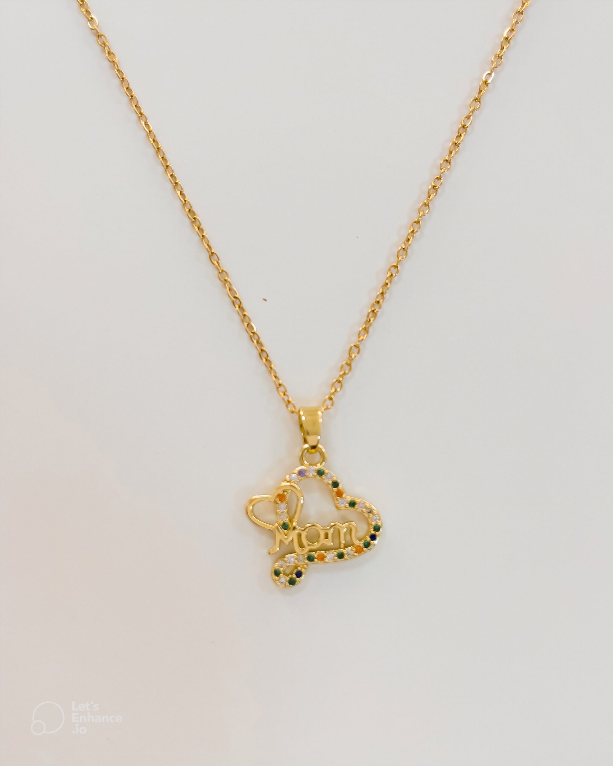 Gold-Plated Stainless Steel “Mom” Heart Necklace – Multi-Color Crystal Accents