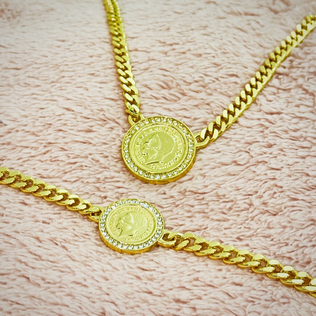 Gold-plated coin necklace and bracelet set